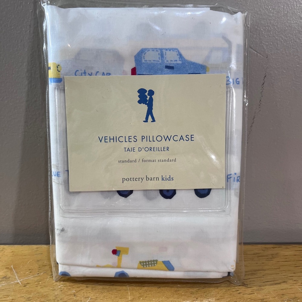 Pottery Barn Kids Vehicles Pillowcase Standard 100% Cotton White Blue 6133771